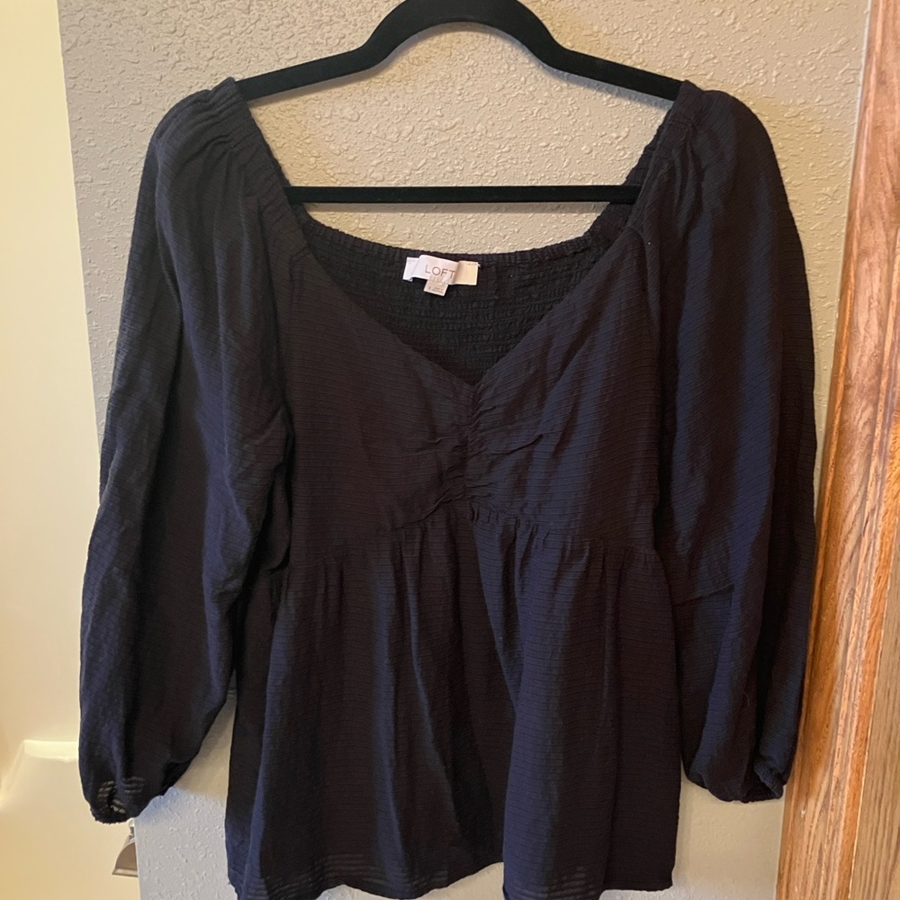 LOFT Black Peplum Blouse with Puff Sleeves